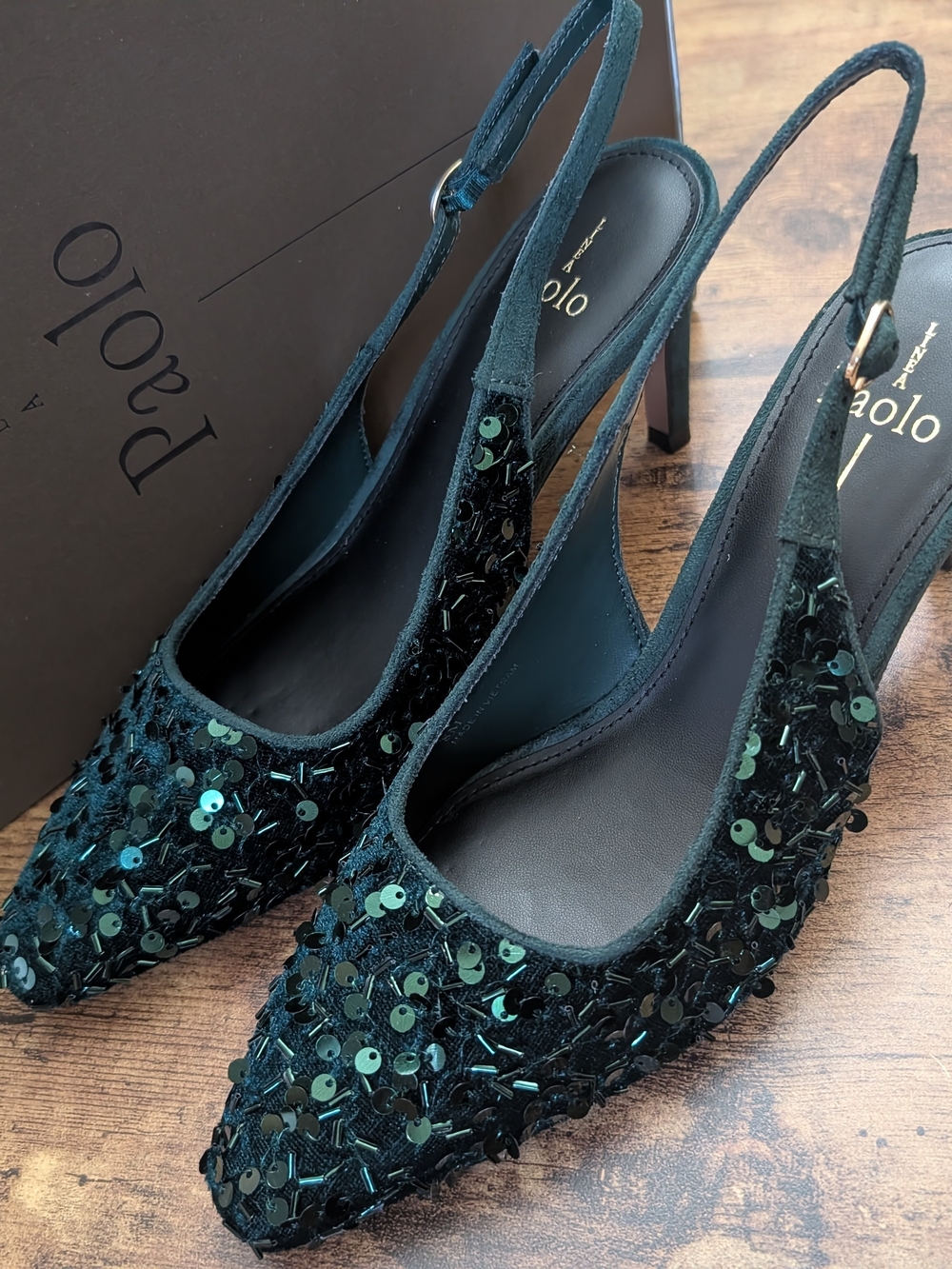 NWT Linea Paolo Cosmo Green Sequin Slingback Heels - Picture 5 of 7